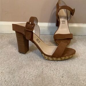 Liz Claiborne Paseo Brown Cognac Suede Strappy Block Heel Open Toe Sandals 7